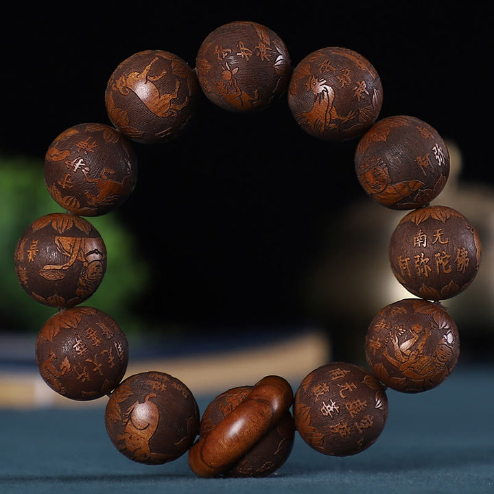 Bracelet sculpté en bois de rose, bois de santal vert, bois d'ébène, pièce de cuivre, signe du zodiaque chinois , Buddha Stones