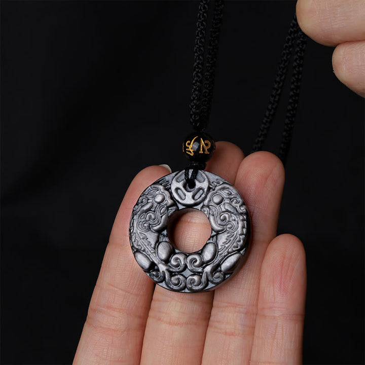 Buddha Stones en obsidienne argentée naturelle et double pièce de cuivre PiXiu avec boucle de paix et protection - image 5