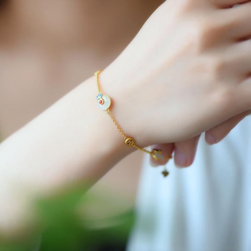 Bracelet porte-bonheur en cuivre et jade blanc avec boucle de paix et Buddha Stones