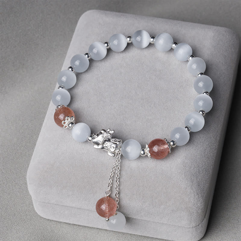 Bracelet de soutien PiXiu en pierre de lune œil de chat naturelle et quartz fraise de Buddha Stones