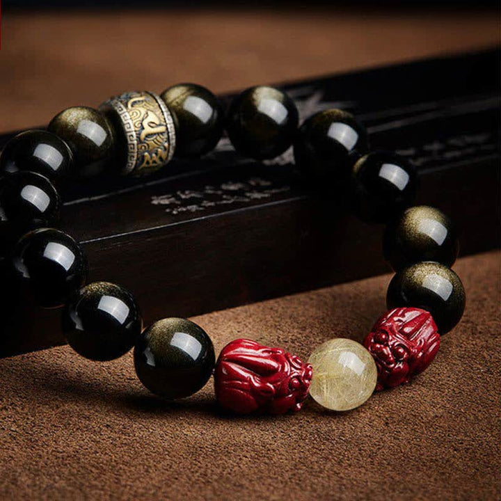 Bracelet de protection en Buddha Stones dorée et brillante PiXiu Cinabre Om Mani Padme Hum