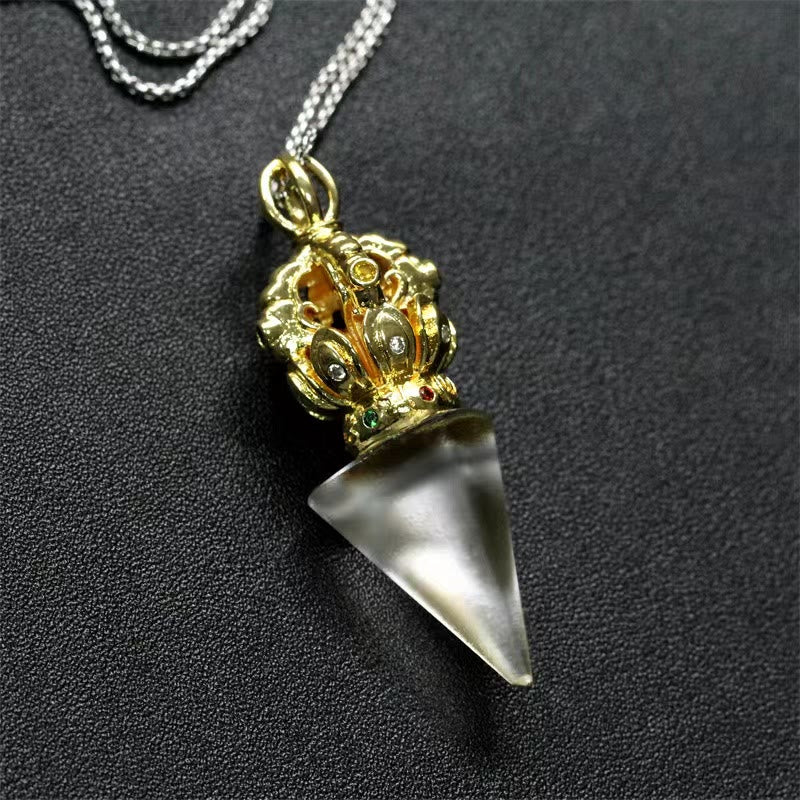 Collier pendentif en cristal de force Lotus Liuli à 4 griffes avec Buddha Stones tibétaines Dorje Vajra