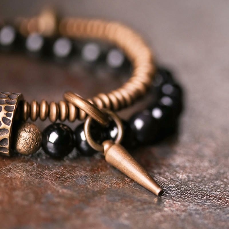 Bracelet double couche de guérison de la paix intérieure en cuivre et obsidienne arc-en-ciel en Buddha Stones