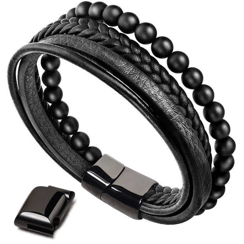 Bracelet en cuir avec perles en pierre de lave naturelle et onyx noir Buddha Stones