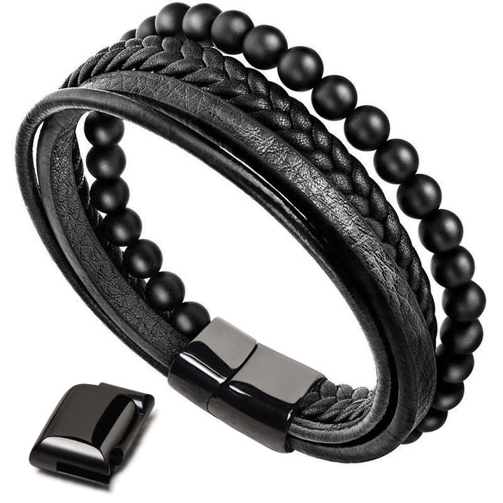 Bracelet en cuir avec perles en pierre de lave naturelle et onyx noir Buddha Stones