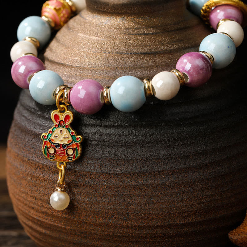 Buddha Stones Tibétain Zakiram Déesse de la Richesse Lapin Tête de Lion Charme Liuli Verre Encens Cendres Perle de Porcelaine Bracelet de Protection