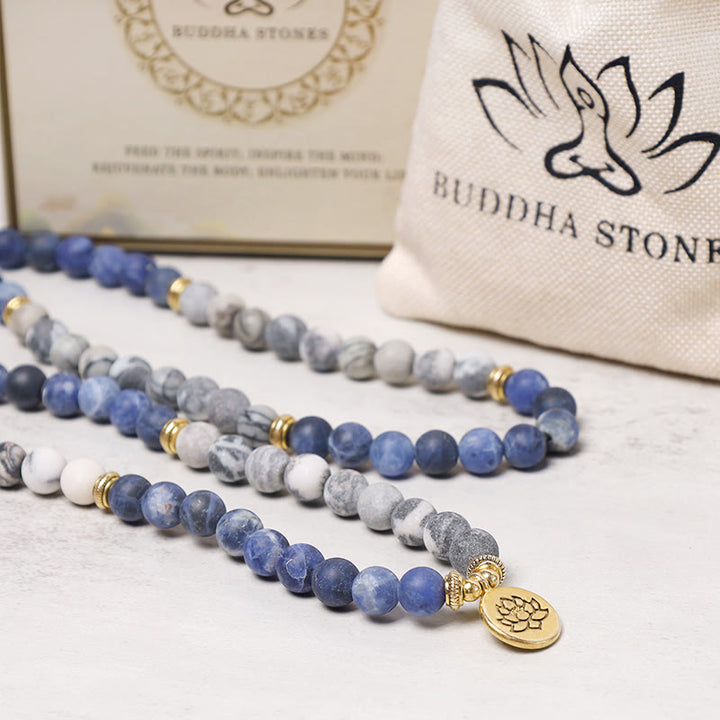 Bracelet Mala avec pendentif lotus en 108 perles de jaspe Picasso naturel et pierre bleue Buddha Stones