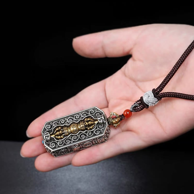 Collier pendentif en corde de pureté Buddha Stones tibétaines Om Mani Padme Hum sculptées Dorje Vajra motif lotus rotatif