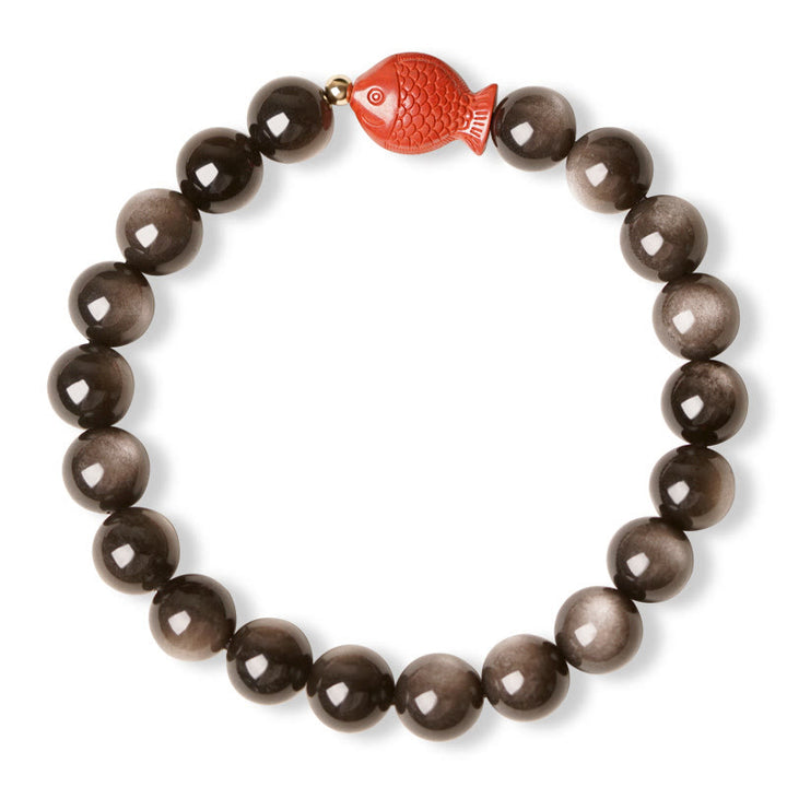 Bracelet de protection apaisante en obsidienne et cinabre avec Buddha Stones et reflets argentés naturels