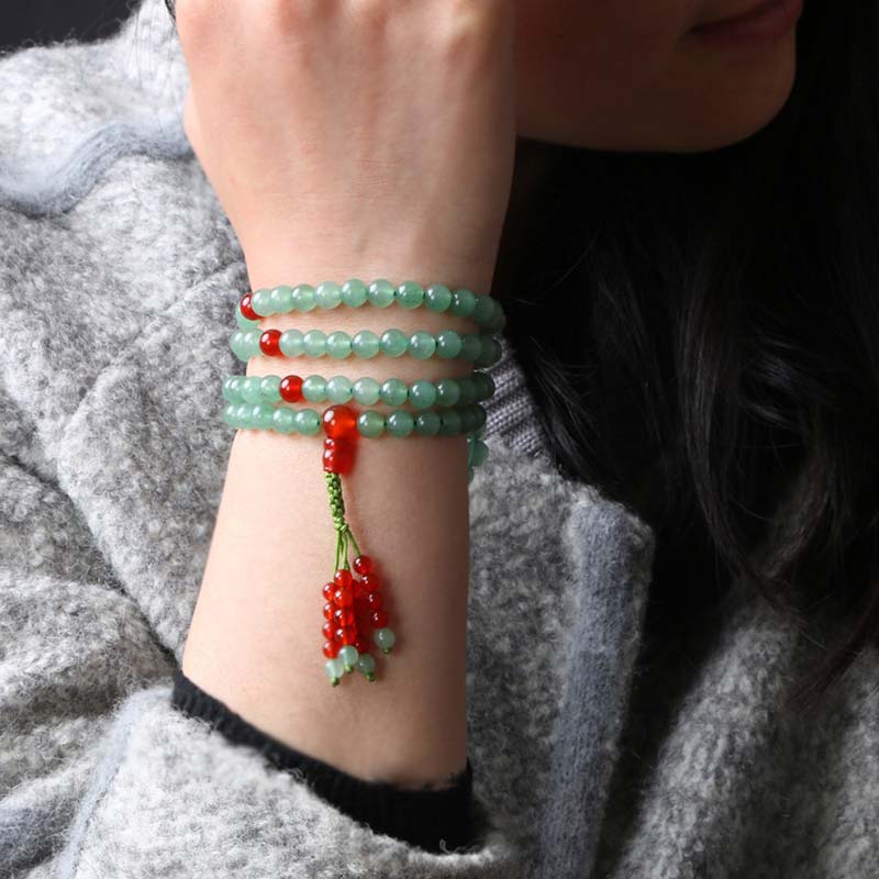 Bracelet Mala porte-bonheur en Buddha Stones, 108 perles, aventurine verte, agate rouge