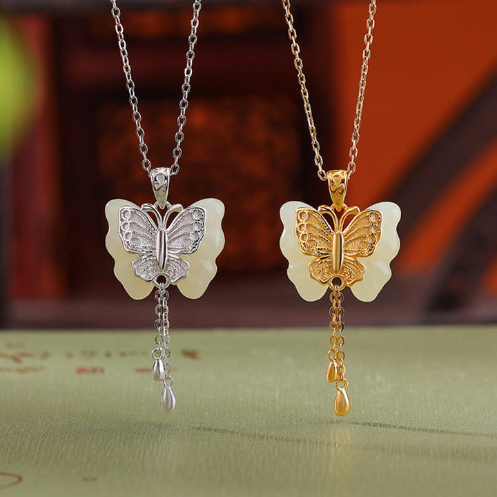 Collier pendentif bénédiction papillon en jade blanc Hetian plaqué or en argent sterling 925 Buddha Stones