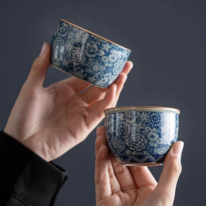 Tasse à thé en céramique motif Buddha Stones Lotus bleu Fleur de pêcher Chrysanthème Tasses à thé Kung Fu