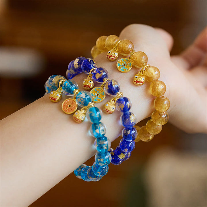 Bracelet porte-bonheur en perles de verre Liuli Buddha Stones et bête avaleuse d'or et pièce de cuivre