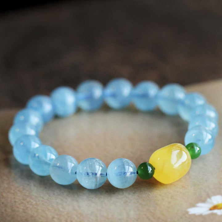Bracelet de guérison et de sérénité en perles d'ambre et d'aigue-marine naturelles