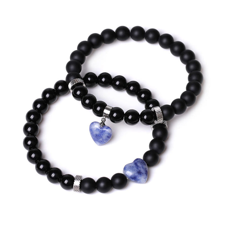 Bracelet de couple en pierre de cristal d'onyx noir Buddha Stones 2 pièces Protection du cœur d'amour