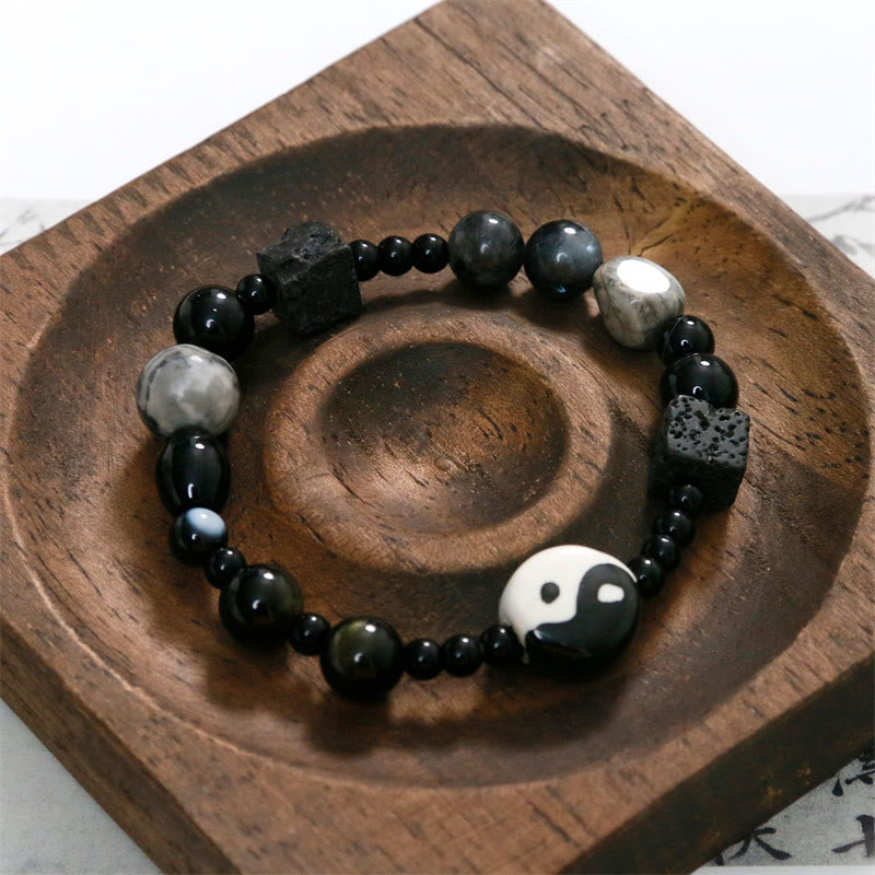 Bracelet de protection de la fortune Yin Yang en perles de jaspe Picasso et onyx noir Buddha Stones