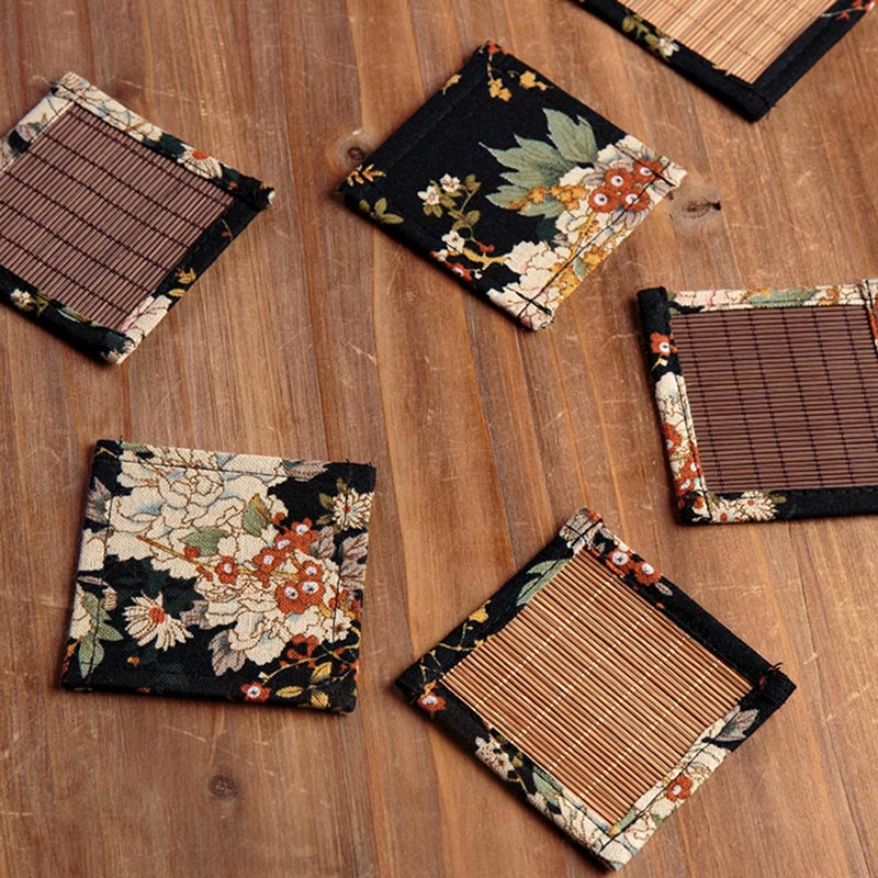 Dessous de verre en bambou avec motif de pivoine vintage et Buddha Stones