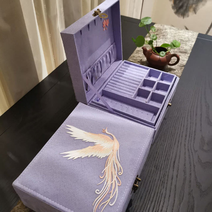 Boîte à bijoux en flanelle à deux niveaux avec Buddha Stones et phénix violet