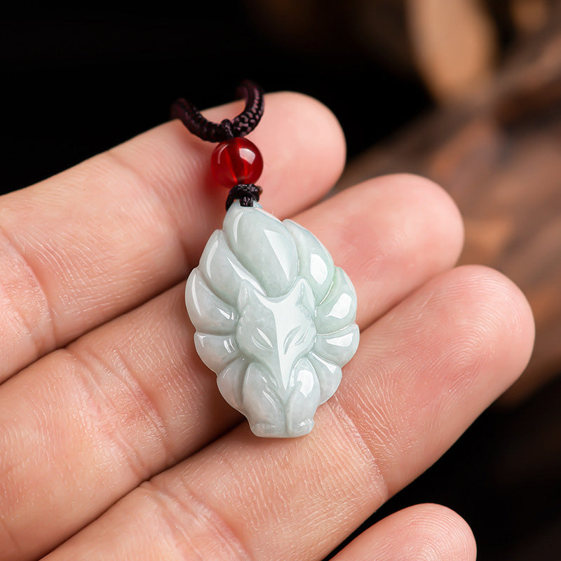 Collier pendentif en jade naturel à neuf queues de Buddha Stones avec pierre porte-bonheur et prospérité