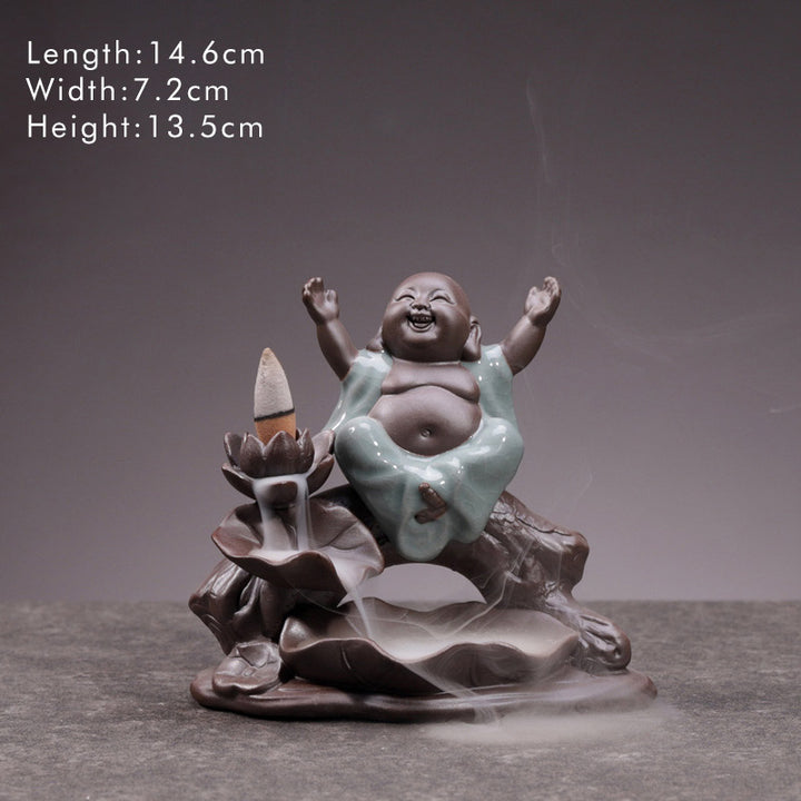Brûleur d'encens en céramique avec bénédiction de lotus et petit moine en Buddha Stones