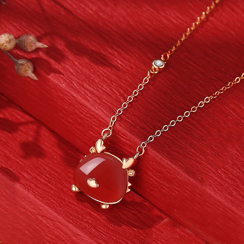 Buddha Stones en argent sterling 925 Année du dragon Jade Hetian naturel Agate rouge Bracelet de protection du dragon mignon Collier Pendentif Boucles d'oreilles