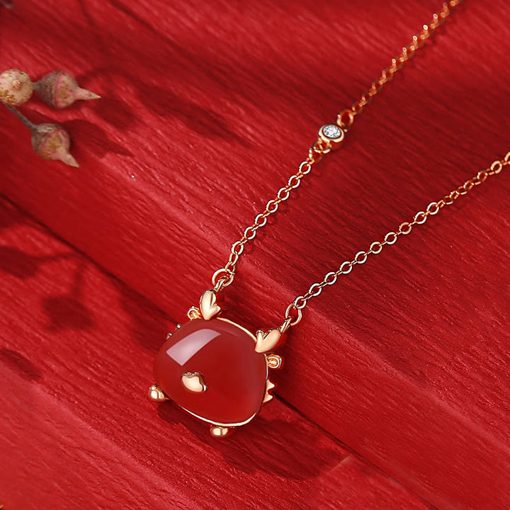 Buddha Stones en argent sterling 925 Année du dragon Jade Hetian naturel Agate rouge Bracelet de protection du dragon mignon Collier Pendentif Boucles d'oreilles