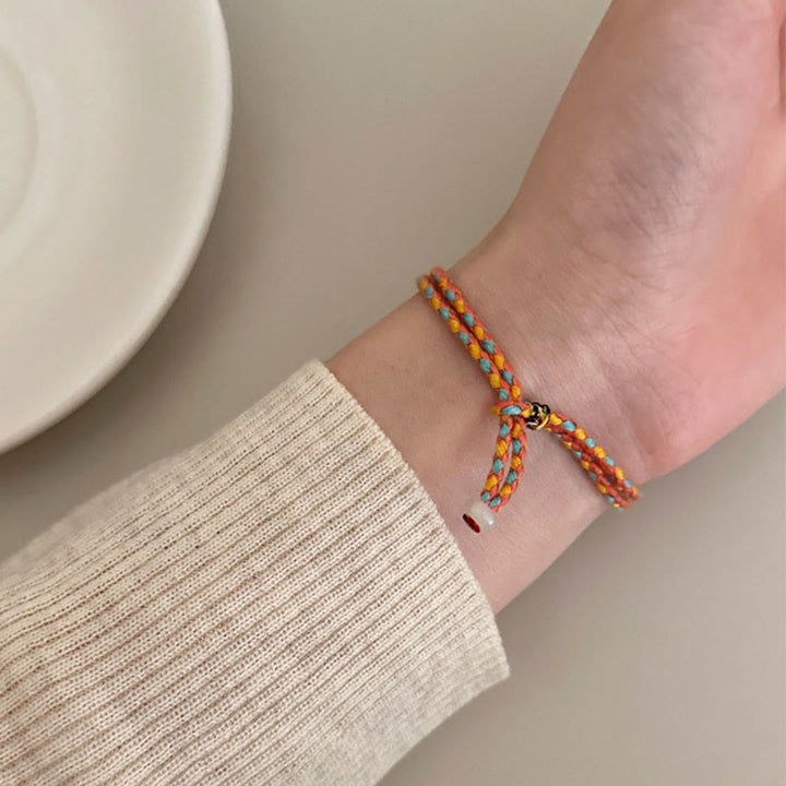 Bracelet tressé multicolore en argent sterling 999 avec pierre porte-bonheur Kaki de Buddha Stones