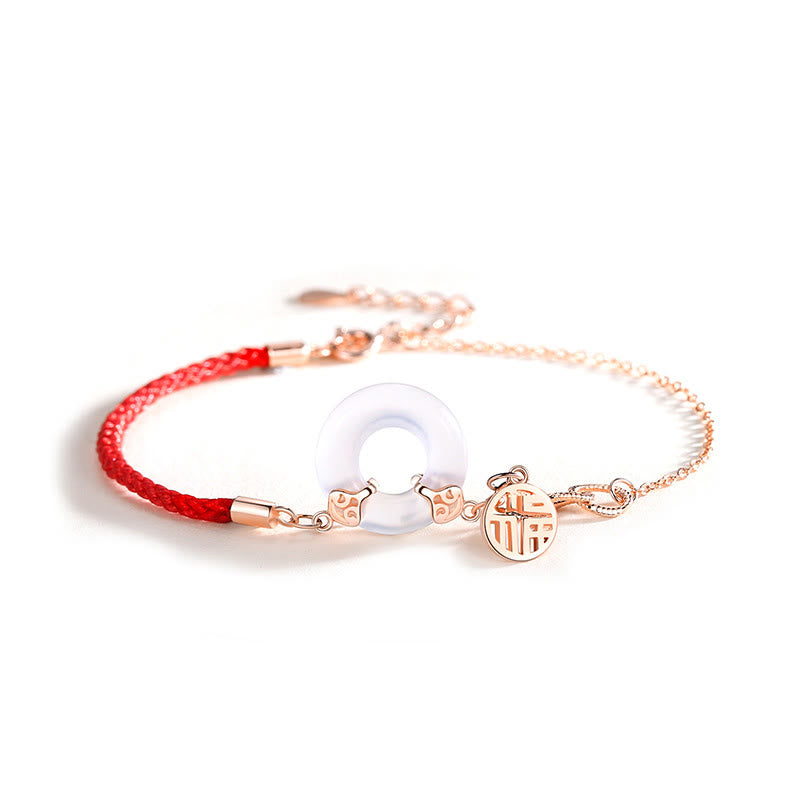 Bracelet d'harmonie en argent Buddha Stones 925 avec boucle de paix et calcédoine et caractère Fu