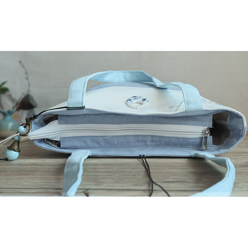 Sac à bandoulière en toile brodée de bambou avec fleur de poire, prunier, fleur de pêcher, grande capacité, sac fourre-tout
