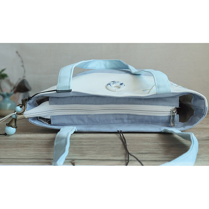 Sac à bandoulière en toile brodée de bambou avec fleur de poire, prunier, fleur de pêcher, grande capacité, sac fourre-tout