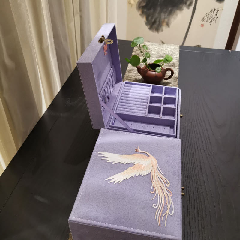 Boîte à bijoux en flanelle à deux niveaux avec Buddha Stones et phénix violet