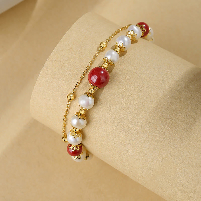 Bracelet à chaîne double couche en argent sterling 925 avec perles de sagesse et cinabre de Buddha Stones - image 1