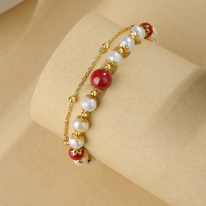 Bracelet à chaîne double couche en argent sterling 925 avec perles de sagesse et cinabre de Buddha Stones - image 1