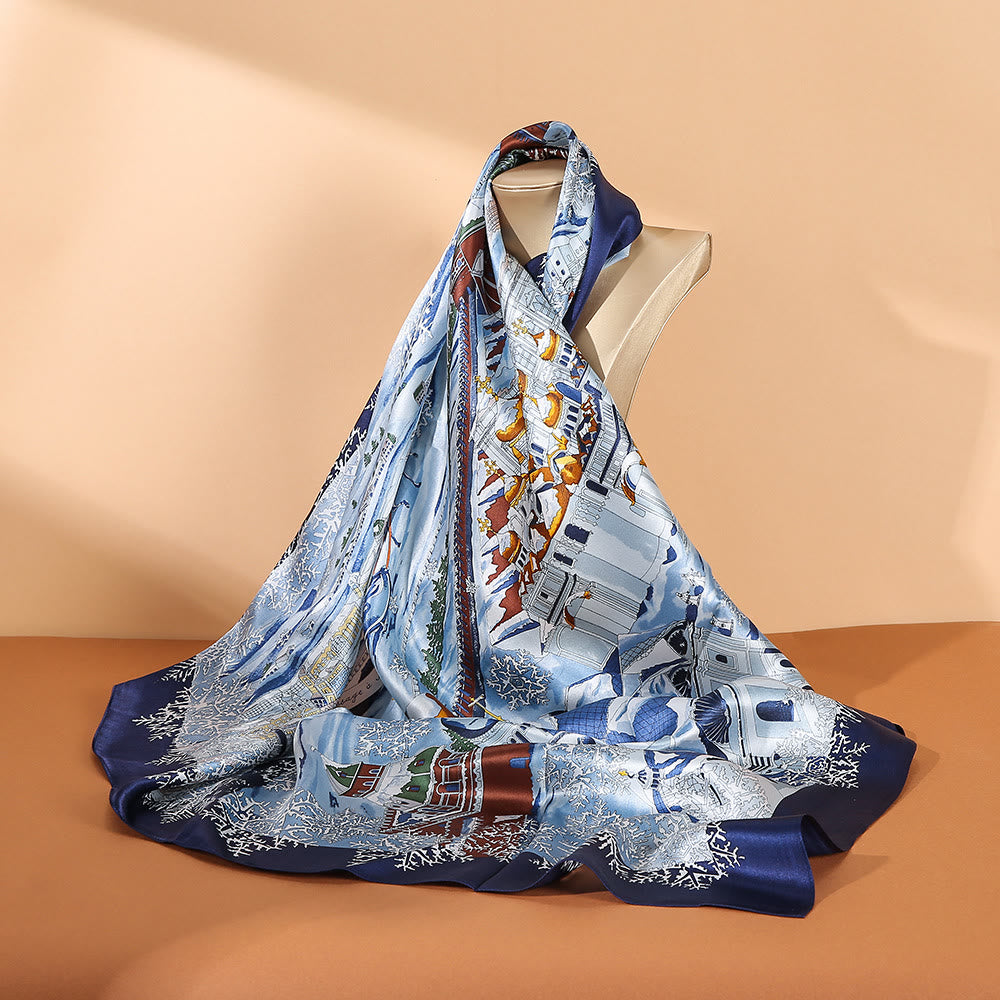 Foulard pour cheveux en soie de mûrier 100 % Buddha Stones et peinture à l'huile sur la ville, scène de neige, château, lotus - Scène de neige bleue de Navy City - image 6
