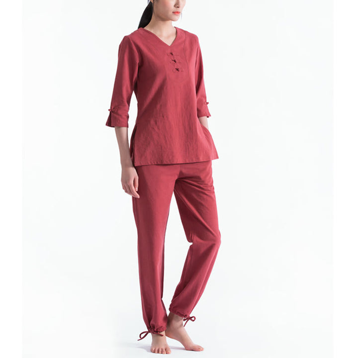 Ensemble de vêtements en coton et lin Buddha Stones , yoga, méditation, prière, col en V, pratique zen, pour femmes - Rouge - US8-10，UK/AU12-14，EU40-42 (2XL) - image 12