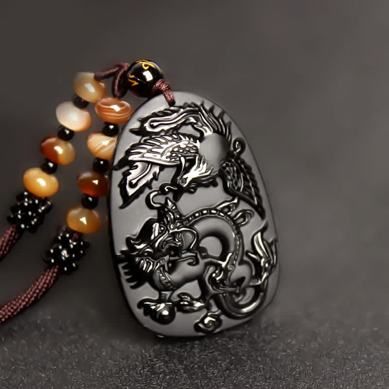 Collier avec pendentif en perles de protection en obsidienne noire œil de tigre dragon phénix - image 2