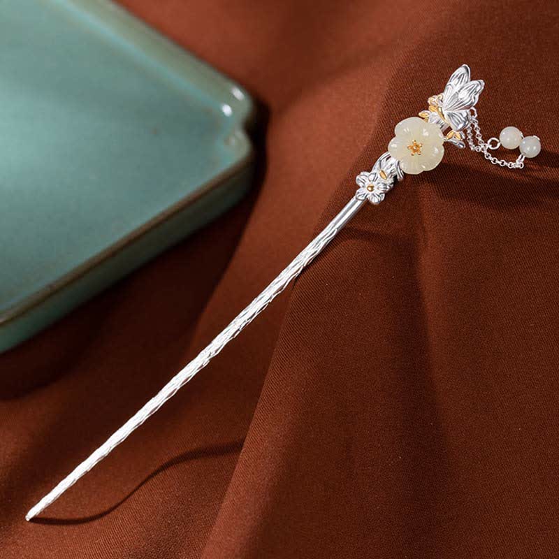 Épingle à cheveux en argent sterling 925 avec fleur de jade blanc Hetian