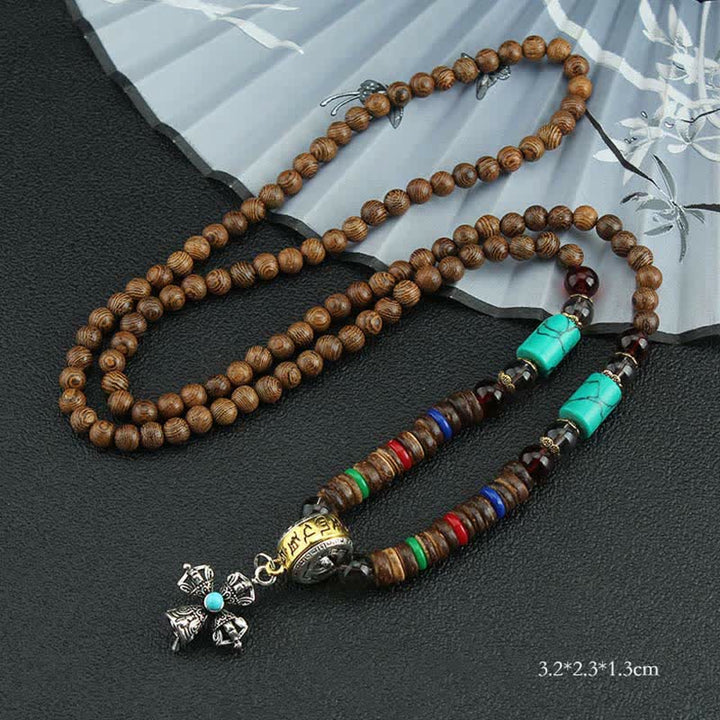 Collier pendentif en bois Vajra Buddha Stones tibétaines Om Mani Padme Hum et rotation de la roue de prière - Croix Bleue Vajra - image 29