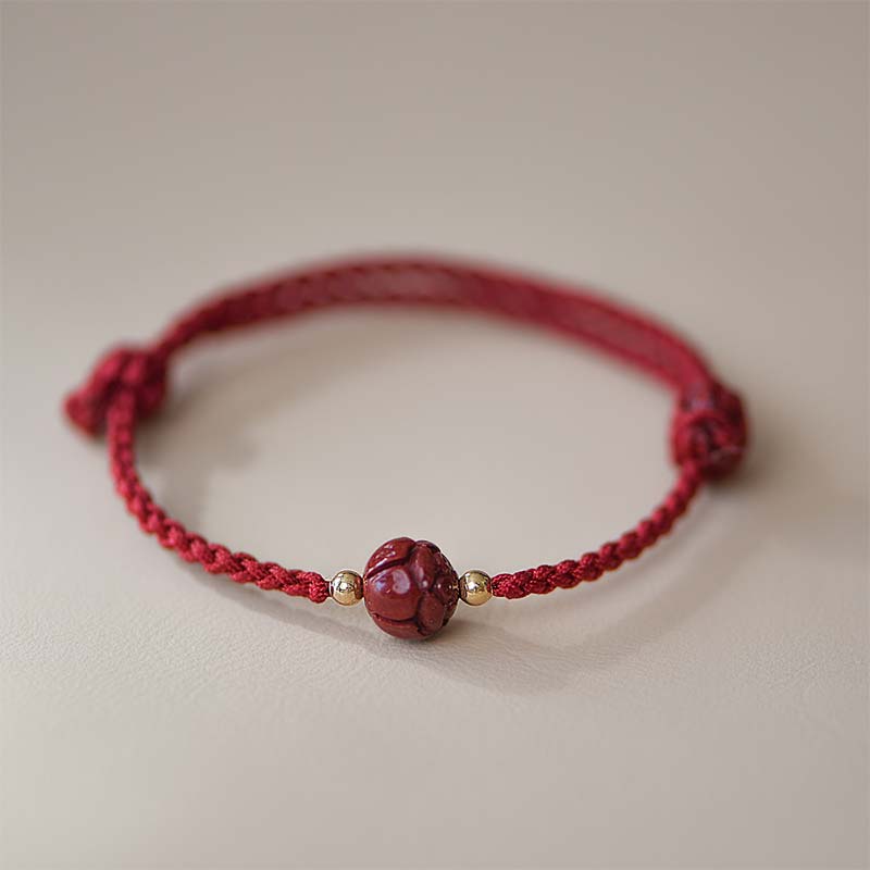 Bracelet tissé en fil rouge calme avec Buddha Stones, jade cinabre et lotus