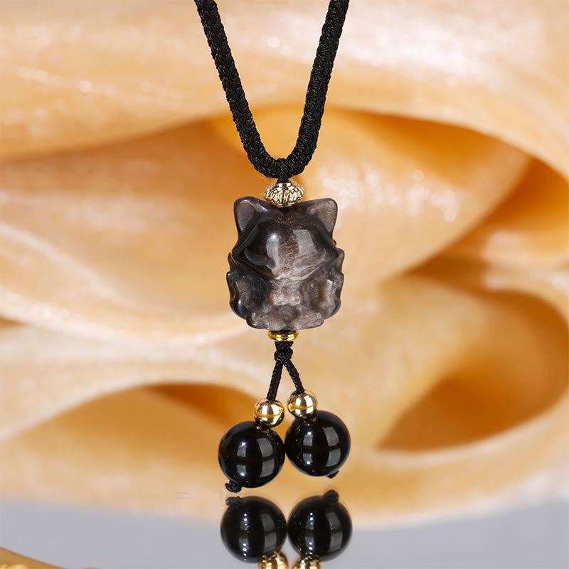Collier pendentif de protection renard à neuf queues en obsidienne naturelle argentée et brillante de Buddha Stones