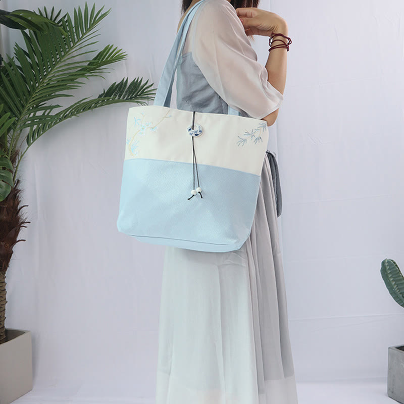 Sac à bandoulière en toile brodée de bambou avec fleur de poire, prunier, fleur de pêcher, grande capacité, sac fourre-tout