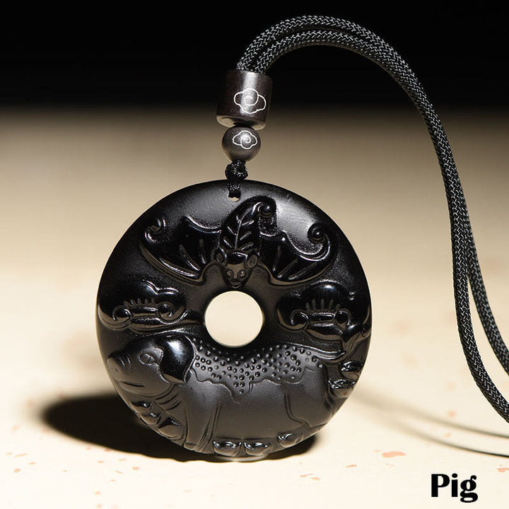 Collier avec pendentif en obsidienne noire naturelle et Buddha Stones du zodiaque chinois - Cochon - image 23