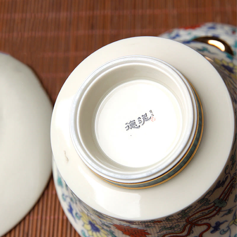 Buddha Stones Rétro Fleur de Prunier Pin Bambou Phénix Kirin Céramique Gaiwan Sancai Tasse à Thé Kung Fu Tasse à Thé et Soucoupe avec Couvercle