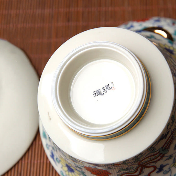 Buddha Stones Rétro Fleur de Prunier Pin Bambou Phénix Kirin Céramique Gaiwan Sancai Tasse à Thé Kung Fu Tasse à Thé et Soucoupe avec Couvercle
