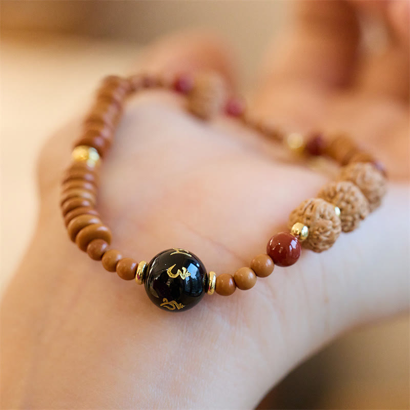 Bracelet de richesse en Buddha Stones tibétaines Bodhi Seed Onyx noir Quartz fumé Om Mani Padme Hum Fu