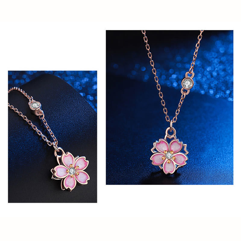 Collier avec pendentif rotatif en argent sterling 925 en forme de fleur de cerisier avec Buddha Stones