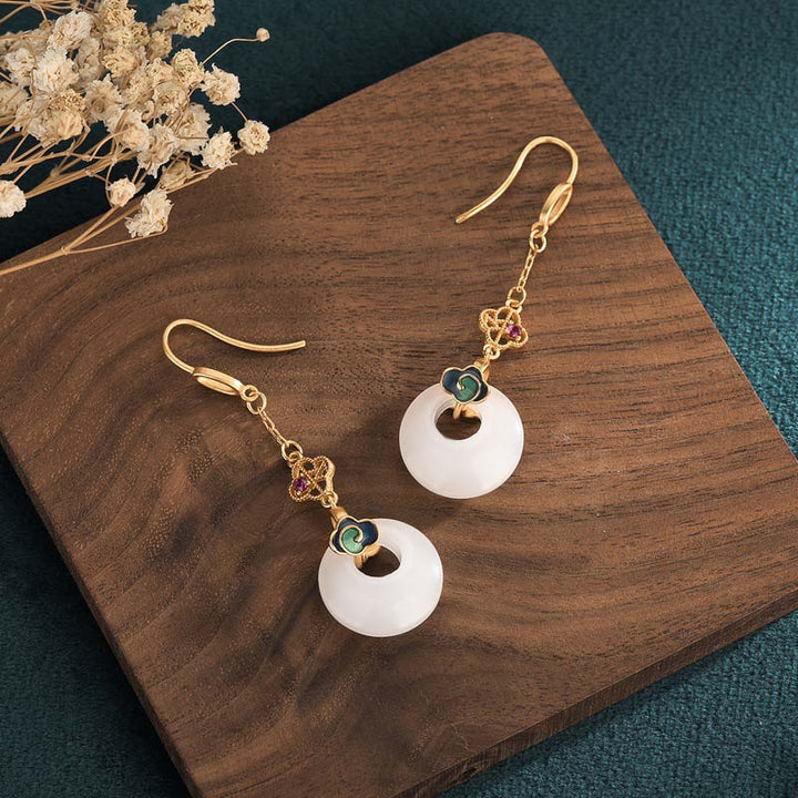Boucles d'oreilles pendantes Feng Shui en jade blanc
