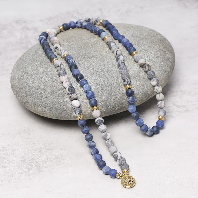 Bracelet Mala avec pendentif lotus en 108 perles de jaspe Picasso naturel et pierre bleue Buddha Stones
