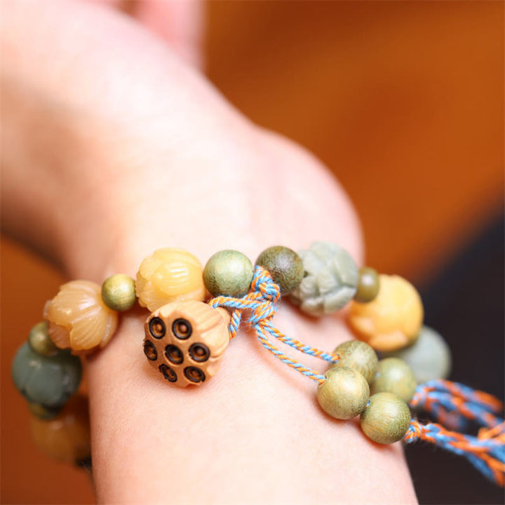 Bracelet d'harmonie de sagesse en bois de santal vert et graines de lotus Bodhi Buddha Stones
