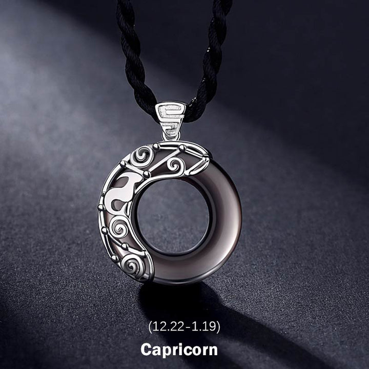 Collier pendentif rond en obsidienne glacée avec 12 constellations du zodiaque de Buddha Stones - Capricorne - Corde - image 19
